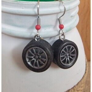 Handmade Tire Charm Hoop Earrings with Silver Plated Hoops and Beads Racing Red